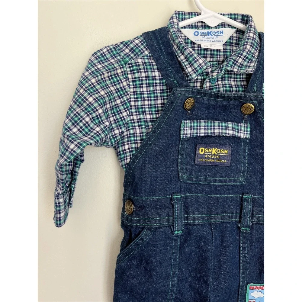 Vtg Oshkosh Vestbak Denim Bib Overalls Plaid Shirt Set Boys 12M USA RARE Plane